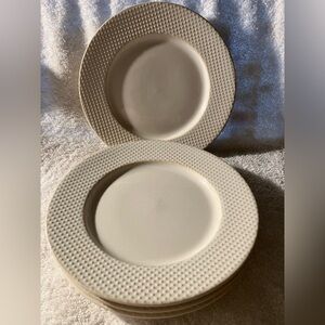 4 Cream Colored West Elm Salad Plates with Micro Dot Edge Detail 8” Stoneware